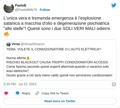 L'unica vera e tremenda emergenza è l'esplosione satanica a macchia d'olio e degenerazione psichiatrica "alle stelle"! Questi sono i due SOLI VERI MALI odierni. 🔥 https://t.co/Cz92xOV6My  — PaoloB (@PaoloBMb70) July 22, 2023