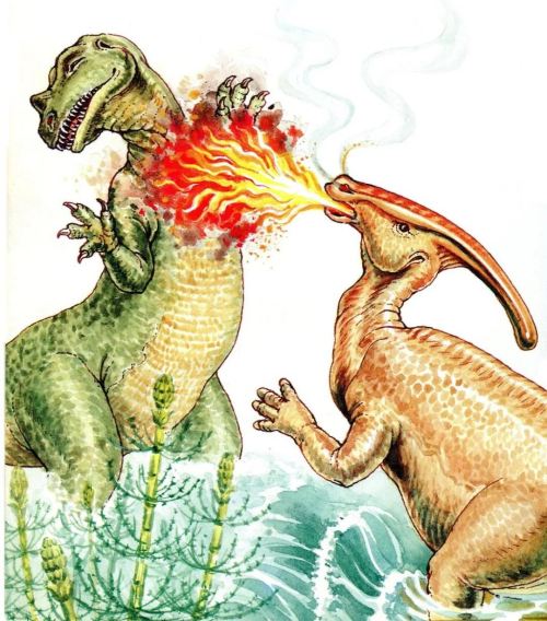 vintagegeekculture:  There was an eccentric and eventually discredited belief that the reason for Parasaurolophus’s crest is that he could use it to chemically spit fire, like a bombardier beetle. 