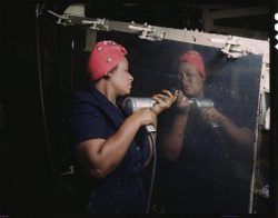  The Library of Congress has made a ton of images available of women working during WWII — actual real-life riveting Rosies. You can see a bunch more at Stuff Mom Never Told You. 