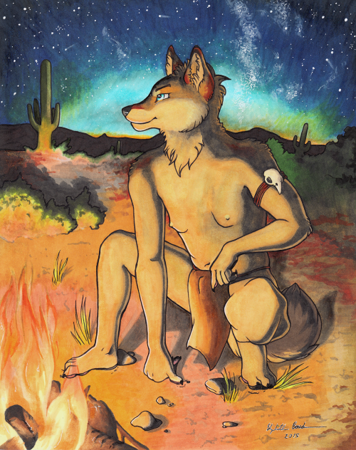 redwall151: Newly created piece of a tribal anthro coyote!  Beautiful night sky 