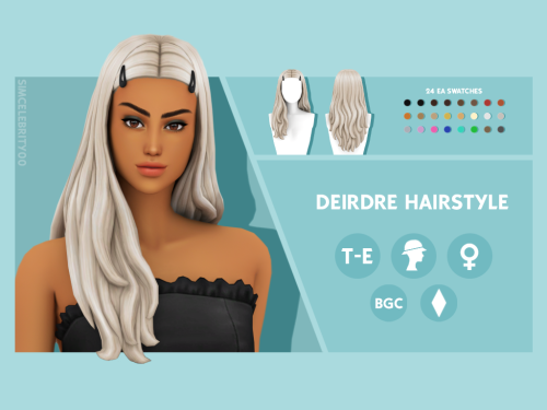 Deirdre HairstyleMaxis Match HairstyleAvailable for Teens-Elders24 EA swatchesHat compatibleBGCDownl