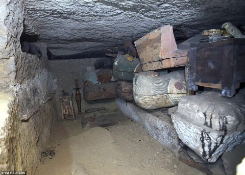 Newly discovered sarcophagi inside the burial site near Egypt’s ancient Saqqara necropolis, on