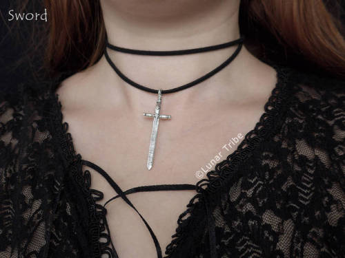 Vegan suede choker with a silver sword pendant made by Lunar Tribe