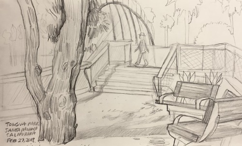Sketch from life while waiting for a friend–about 45 minutes. The benches and trees are all th