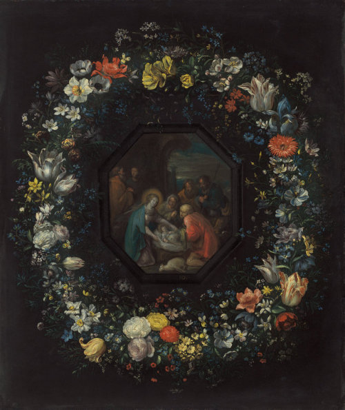 flyse: Garland of Flowers with Adoration of the Shepherds, Frans Francken the Younger (Flemish,