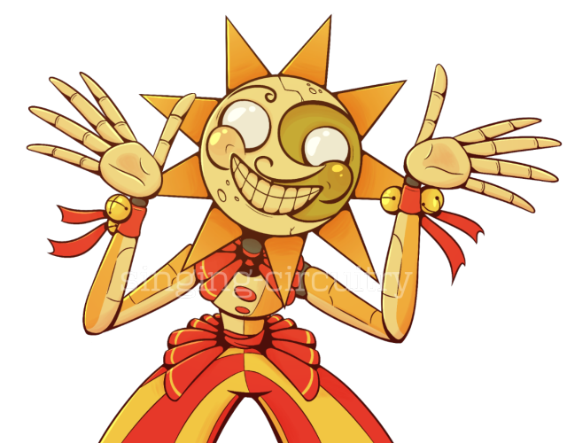 a digital drawing of Sun from Security Breach leaning forward, his hands splayed by his face as of playing peekaboo with the viewer