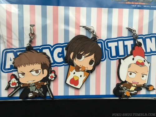 Part 2 of my Shingeki no Kyojin merchandise acquisition for today: full complete set of chimi chara prize keychains from the SnK x LAWSON collaboration, featuring many of the key characters with Karaage-kun (LAWSON’s fried chicken snack)!Perhaps every