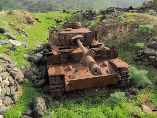 The wreck of a former Syrian Army PzKpfW IV Ausf. J (Panzerkampfwagen Ausführung J) on the Golan Hei