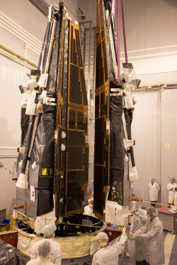 graviton1066:  Third Swarm Satellite joins adaptor The third Swarm satellite being carefully manoeuvred onto the launch adapter. Packed like sardines, the next major step will be to encapsulate the constellation within the rocket fairing in preparation