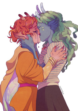worksafewoof:@arfaise commissioned me for some bittersweet kisses with their lovely characters aurora and eudorina! loved playing around with the colors on this one~