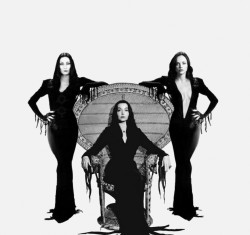 kk-a-t-s:  morticiaaddams13:  rebelspirit31:  Carolyn Jones in her iconic chair with her usual strong pose with Anjelica Huston and Christina Ricci at her flank. Wanted a clean finish so no backdrop was added. Had to finish it otherwise it would have