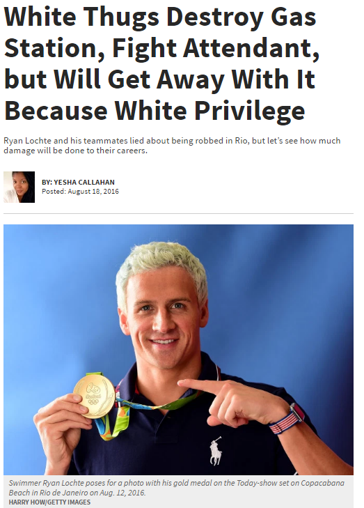 itsshameless:  blackmattersus:   As it turns out, Lochte and his teammates were at a Rio gas station, and one of them got locked in a bathroom. To get the teammate out, they broke down the door. And then they got into an altercation with a gas station