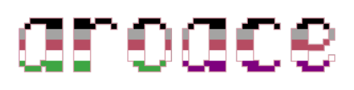 [image description: three pixel art text banners of the word “aroace” in a blockish, pix