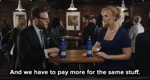 this-is-life-actually:Watch: Amy Schumer teaches Seth Rogen about the Pink Tax in new Bud Light comm