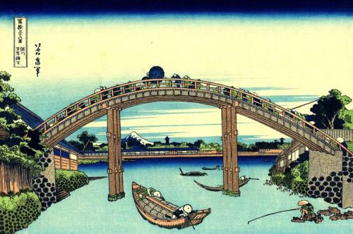 nihon-bijutsu:Fuji seen through the Mannen bridge at Fukagawa, Katsushika Hokusai