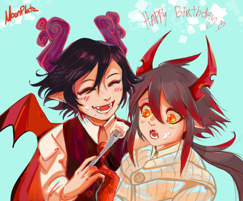 moonplata:satanick and ivlis sharing cake  for  @makkoeda BIRTHDAY!!! ♥♥I LOVE YOU MOON