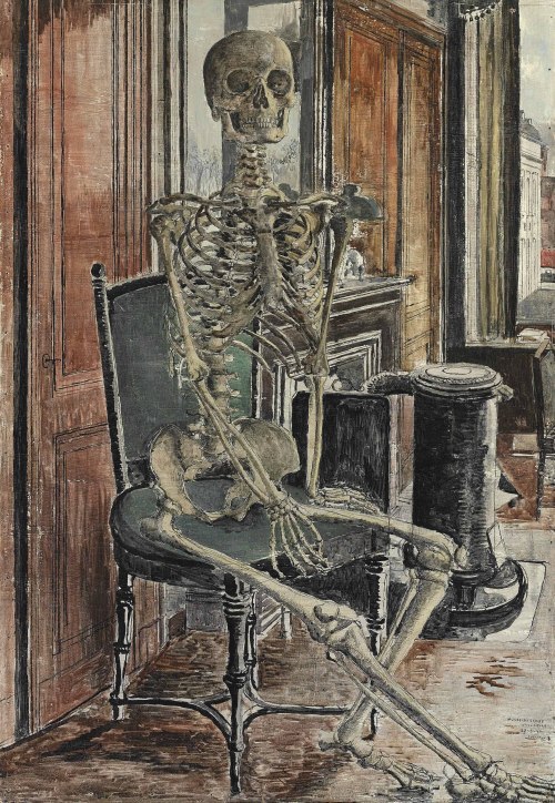 redlipstickresurrected:Paul Delvaux (Belgian, 1897-1994, b. Wanze, Belgium) - Squelette, 1944, Paint