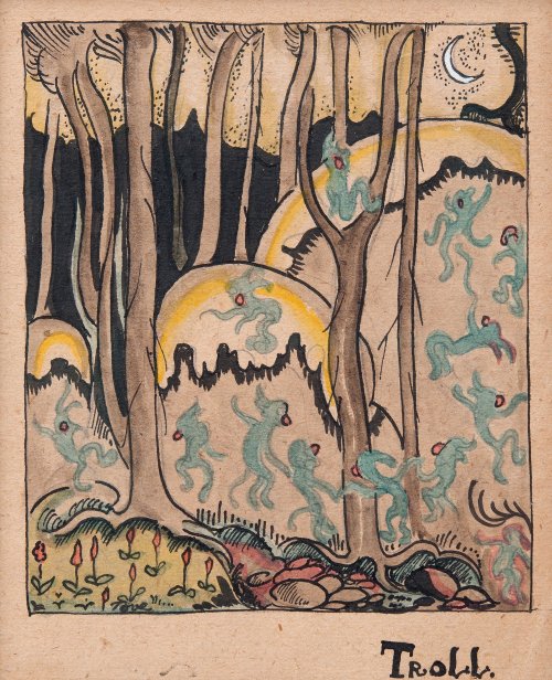 Hattifatteners   -   Tove JanssonFinnish,  1914-2001Mixed media, 16.5 x 13.5 cm. (6.5 x 5.3 in.)