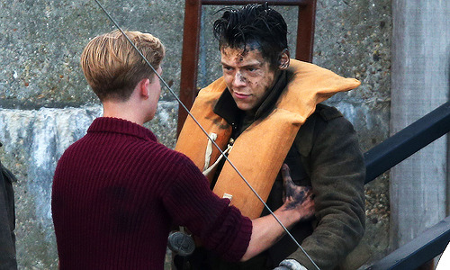 harrystylesdaily:Harry and Tom on the set of Dunkirk in the UK - 7/28