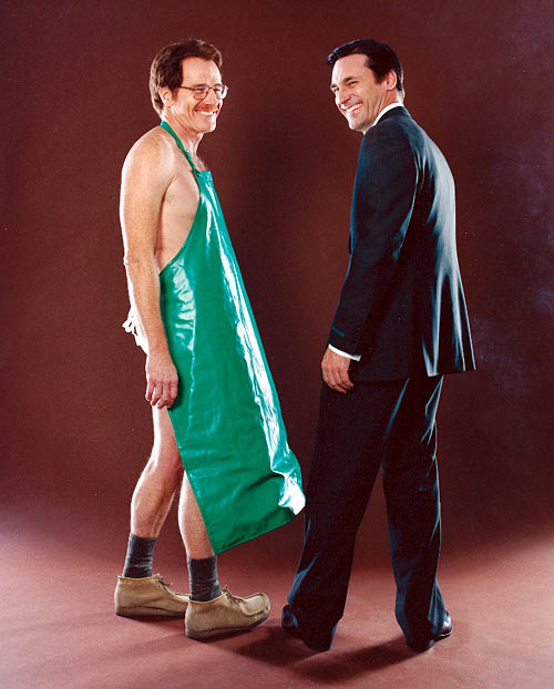 villa-kulla:  “The first time I met Bryan Cranston, he was standing in his underwear. We were doing a photo shoot for a little-known network called AMC, and he was in a rubber chemistry apron, tighty whities and desert boots, while I was in an impec