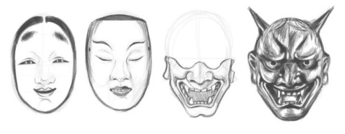 Mask studies…I thought the Oni would be more difficult but I spent more time tweaking the Noh. Fun p