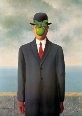 wellnotwisely:The Son of Man byRené Magritte, 1964Bob and burger, by Derek Schroeder, 2015