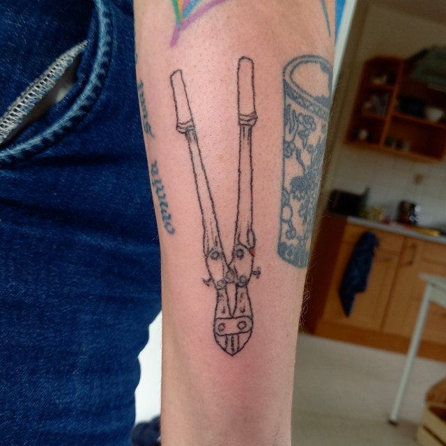 Tattoo uploaded by Selim Dion  Ive been often side by side with this kid  melvin when building skateparks I guess the bolt cutter is a reminder for  both us o these