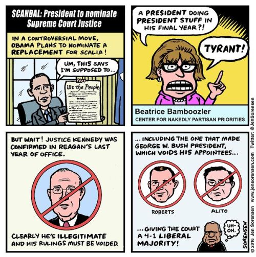 cartoonpolitics:  The Republican Senators vowing to block anyone Obama nominates to replace recently deceased Supreme Court Justice Antonin Scalia seem typically confused about history and reality.. (story here)  