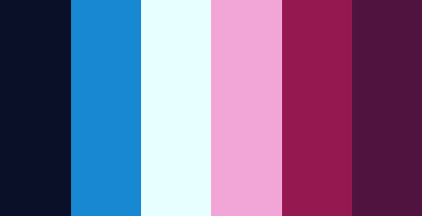 color-palettes: Queen of the Reef - Submitted by SeesawSiya #0a1028 #1888d2 #e7ffff #f2a6d7 #951850 