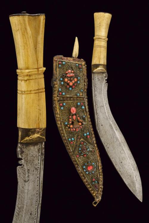 Nepalese kukri with bone grip, turquoise and red coral mounted sheath, early 20th century.from Czern