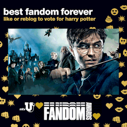 huskyishusky:  mtv:  nominee 3 of 6 like or reblog this post to vote harry potter for best fandom forever! scope out all the other nominees and see who’s in the lead. then watch the mtvU fandom awards on sunday, july 27 at 8/7c on mtv to see which