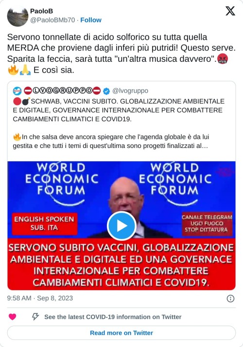 Servono tonnellate di acido solforico su tutta quella MERDA che proviene dagli inferi più putridi! Questo serve. Sparita la feccia, sarà tutta "un'altra musica davvero".🤬🔥🙏 E così sia. https://t.co/UAm47IdbyV  — PaoloB (@PaoloBMb70) September 8, 2023