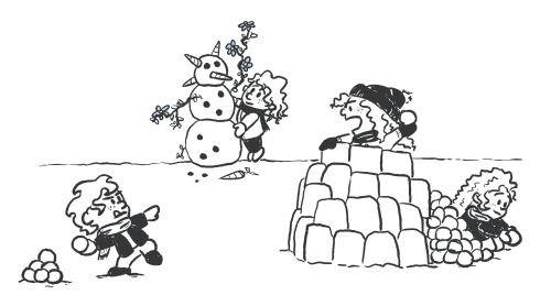 [ID: A Scene Of Four Kids Drawn In A Calvin And Hobbes Style, Playing In The Snow. On The Far Left, A