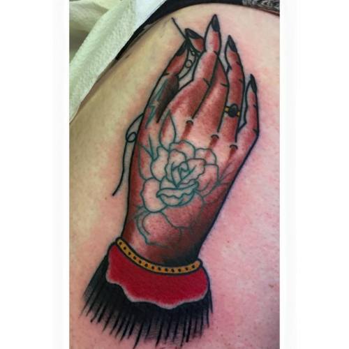 Bold, traditional, tattooed hand tattoo. By Nicholas Green, on the most adorable client of all time.