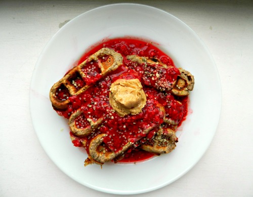 Brunch: buckwheat banana waffles with a warm raspberry lemon chia sauce, hemp seeds and peanut butte