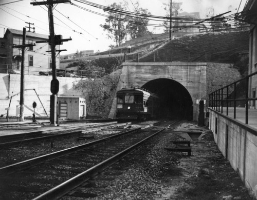 Destination: Hollywood Boulevard. A Pacific Electric streetcar exits the Belmont Tunnel on its way t