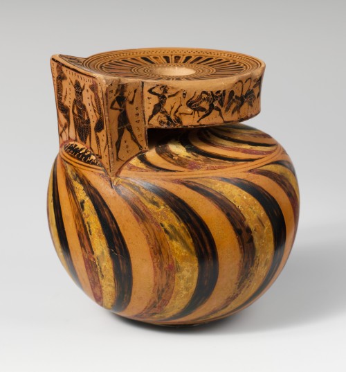 Black-figure aryballos (oil flask), signed by Nearchos as potterGreek (Attic), Archaic Period, c. 57