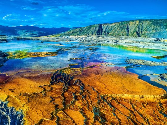 sixpenceee:  The Mammoth Hot Springs of Yellowstone National Park in Wyoming.Chihuahuan Desert in New Mexico is Carlsbad  Caverns National Park, a series of more than 119 caves that were formed  from sulfuric acid that dissolved its surrounding limestone