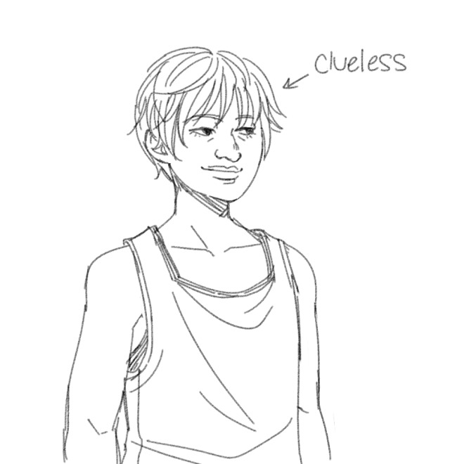 keiichi just standing there with a smile on his face. an arrow labeled "clueless" points at him