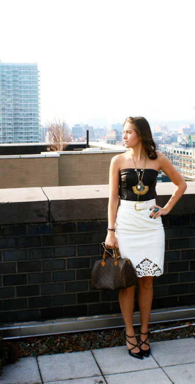 Queen&rsquo;s to Manhattan  Corset by Laundry by Shelli Segal  Leather skirt by Talk t