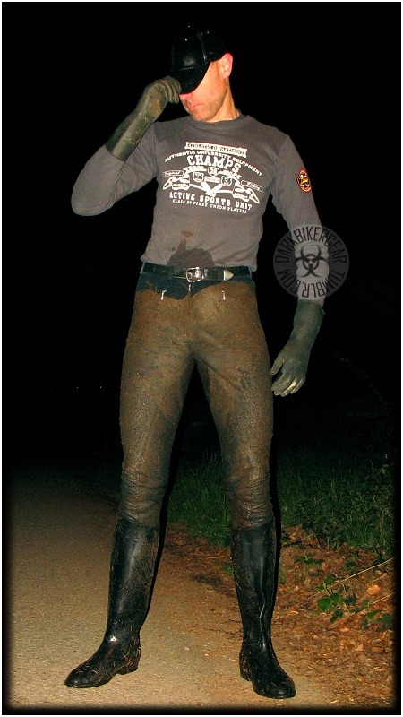 darkbikergear: After a “bath” in a very deep mud hole.  Riding trousers and rubber