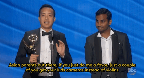 refinery29:  “Asian parents out there, if…just a couple of you get your kids cameras instead of violins, we’ll be all good.” (Read More) Diversity in media, fuck yeah. Gifs: Emmys on ABC 