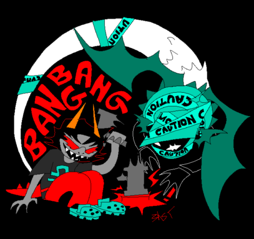 An image of Terezi Pyrope sitting down and slamming a mallet down with the text Bang Bang. Above her is ARdragonsprite, a combination of aimless renegade and dragonsprite