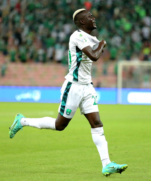 Alassane Ndao celebraion his goal vs. Damac during Saudi Professional League match.