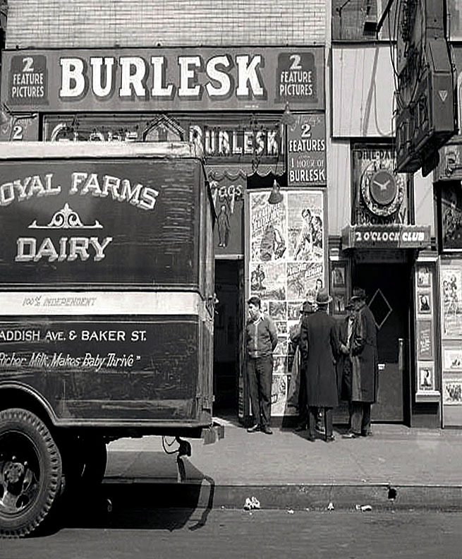 A vintage photograph features both the &lsquo;GLOBE Burlesk&rsquo; theatre