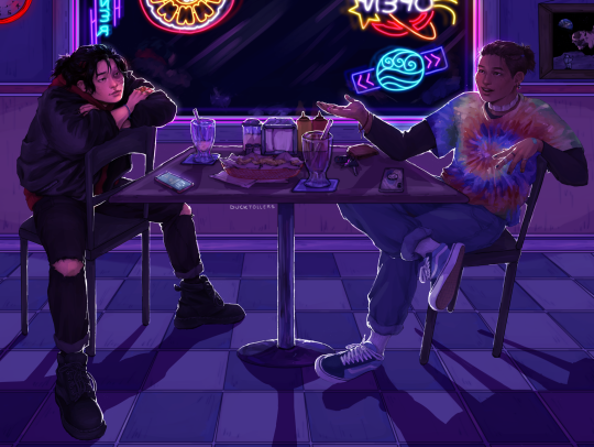 ducktollers:  [ID: A digital illustration of Sokka and Zuko sitting at a diner table