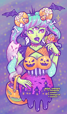 miss-octopie:  Happy Friday the 13th / Early Halloween! 🎃👻💚🦇I felt like drawing a festive monster girl for the occasion~  