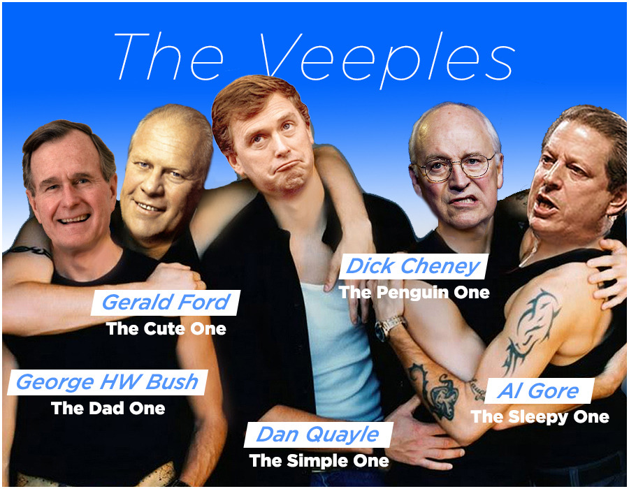 6 Political Boy Bands You May Not Remember
“ The Veeples
Biggest Single: “I’m Here If Your Boyfriend Dies”
Key Album: 1st Is Worst, 2nd Is Sex
Members:
Gerald Ford
Dan Quayle
Dick Cheney
George HW Bush
Al Gore
This rag-tag bunch of boy-band castoffs...