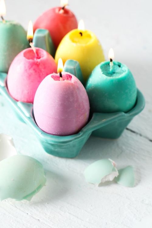 DIY Egg Candles.Use empty egg shells as molds for egg shaped candles.For dozens of candle DIYs (from