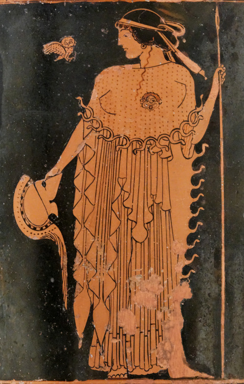 Athena holding a helmet and a spear, with an owl. Attic red-figure lekythos; attributed to the Brygo